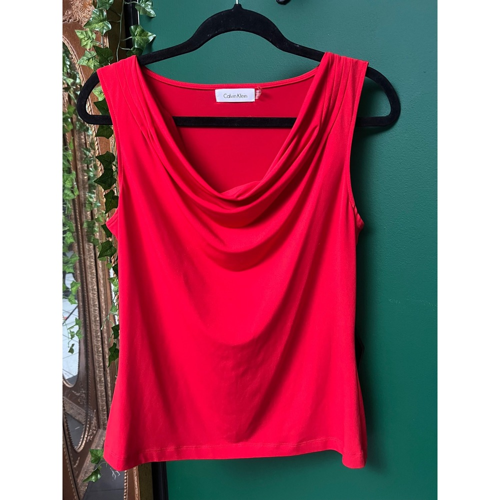 Calvin Klein Womens Red Cowl Neck Sleeveless Designer Blouse Shell Top Size M